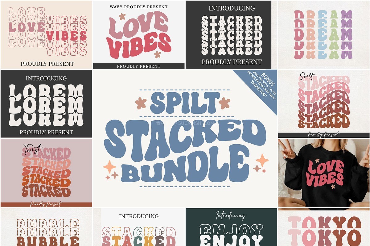 Spilt Stacked Bundle:11款创意堆叠效果装饰字体